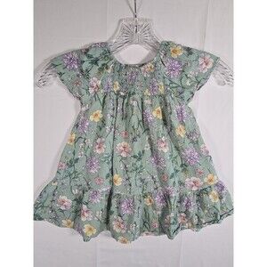 Wonder Nation 2T Green Smocked Floral Dress Short Sleeved Ruffled